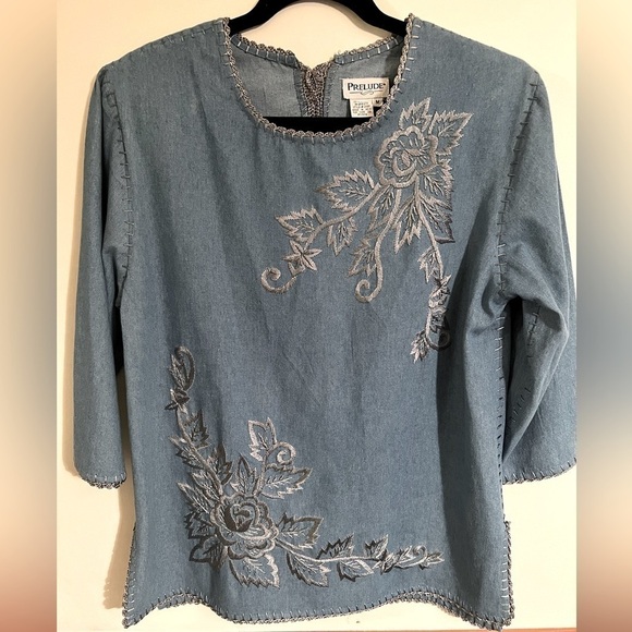 Vintage Boho Inspired Embroidered Prelude Denim Top Back Button Closure - Picture 1 of 16